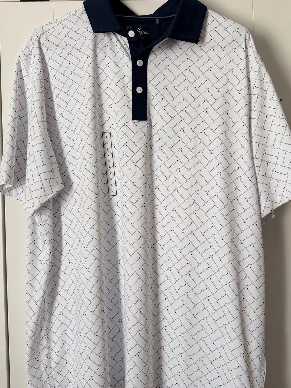 Walter Hagen White Polo with Navy Geometric Print and Navy Collar